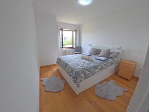 洛夫兰Apartment Adria Lovran的卧室配有一张床铺,地板上铺有2个地毯。