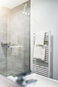 波鸿Nena Apartments Bochum City的带淋浴和玻璃淋浴间的浴室