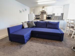 康威Apartment 1的客厅设有蓝色沙发,配有厨房