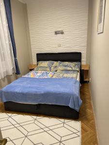 鲍洛通塞迈什Szemes Villa的卧室内的一张蓝色棉被