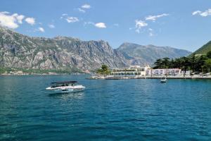 科托尔Hyatt Regency Kotor Bay Resort的船在水中,背靠山