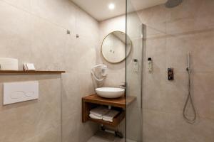 厄伊特霍伦Amsterdam Hotel Uithoorn的带淋浴、盥洗盆和镜子的浴室