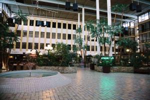 埃德蒙顿Wyndham Edmonton Hotel and Conference Centre的一座大建筑,设有种有树木的庭院和喷泉