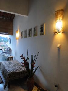 伊塔卡雷Casa de Vidro的一间卧室配有一张床和盆栽植物