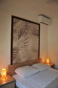 博扎瓦Jungle & Sea Boxavia的一张带两个枕头的床和墙上的绘画