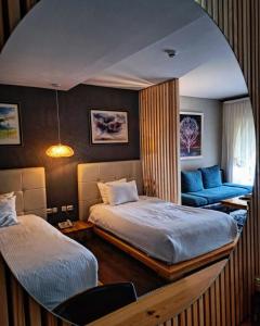 贝罗沃极光水疗度假酒店 的一间卧室配有两张床和镜子