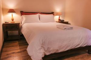 里奥班巴Hotel Spa Mansion Santa Isabella的一间卧室配有一张带两盏灯的大型白色床。