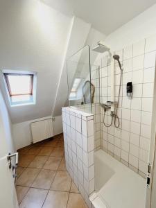 吕贝克荷尔斯登托菲林沃尔姆艮酒店的带淋浴的浴室和玻璃门