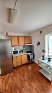 特罗姆瑟Tromso Coco Apartments in Center的厨房配有不锈钢冰箱和木地板