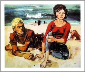 德兰斯克DDR Klappfix "FAMILIENPALAST" direkt am Strand的一张两人坐在海滩上的画