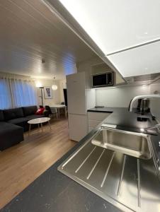 NordheimNothaugen AS的厨房以及带沙发的起居室。