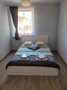 威赫罗伏Apartament Słowińców 35的一间卧室配有带毛巾的床