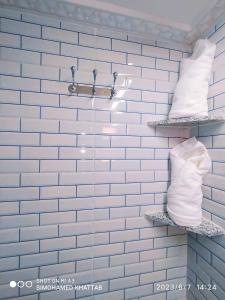 米德勒特Chalets ITO Atlas Timnay的浴室拥有蓝色瓷砖墙壁,配有毛巾架
