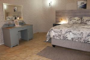 鲸湾港Amjicaja Guesthouse, Tours & Rentals的一间卧室配有一张床、一张书桌和一面镜子