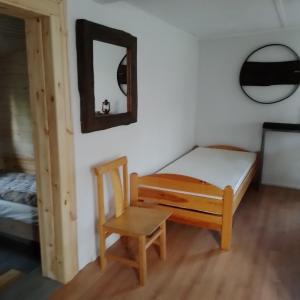 DębinyWarmia Odludzie的一间卧室配有一张床、一把椅子和镜子