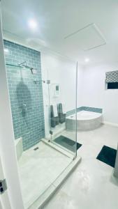 德班Stylish Loft Style Apartment的带淋浴的浴室和玻璃门