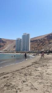 阿里卡Departamento frente al mar en Arica的海滩上有人在水中和建筑物里玩耍