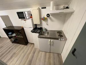 翁达尔斯内斯Åndalsnes Budget Stay - 1 Room in Shared Loft的一间带水槽和微波炉的小厨房