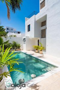 坎昆VIca Guest House con piscina en la entrada de la Zona Hotelera的白色房子前的游泳池