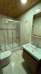 乌宗Kar Hotel Uzungöl的带淋浴、盥洗盆和卫生间的浴室