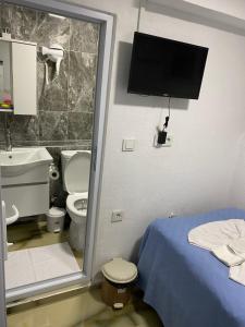 伊斯坦布尔Amida Family pansiyon的一间带卫生间的浴室和墙上的电视