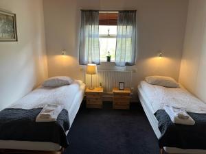 阿克雷里Engimyri Lodge的带窗户的客房内设有两张单人床。