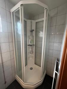 阿克雷里Engimyri Lodge的浴室里设有玻璃门淋浴