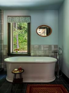 HillsdaleLittle Cat Lodge的带浴缸的浴室和窗户