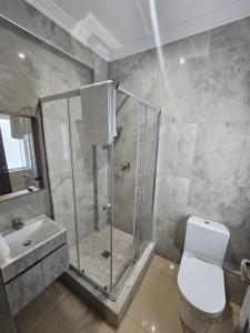 德班Luxe Musgrave Boutique Hotel的带淋浴、卫生间和盥洗盆的浴室