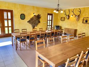 耶什赫维采Pension Hofberg的大型用餐室配有木桌和椅子