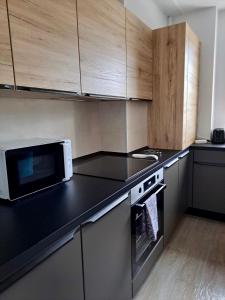 布拉索夫JAD - Luxury - 3 Room Apartments - Urban Plaza的厨房配有微波炉和黑色台面