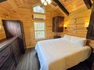 Twin MountainBMV6 Tiny Home village near Bretton Woods的小木屋内一间卧室,配有一张床