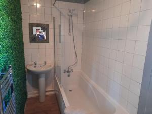普里茅斯Plymouth Professionals Apartment的浴室配有水槽、淋浴、浴缸和水槽。