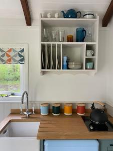 佩特沃斯Coachroad Shepherds Huts的厨房配有水槽和碗碟柜台