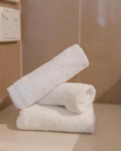 拜恩斯代尔拜恩斯代尔国际酒店的浴室柜台上摆放着一堆白色毛巾