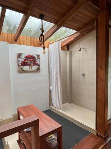 巴尼奥斯La Casa de Martin的带淋浴、长凳和桌子的浴室
