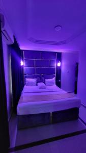 伊凯贾Palazzo Apartments的一间卧室配有一张紫色灯大床