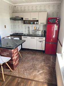 克利翁Departamento centro de Quellón的厨房配有红色冰箱和桌子