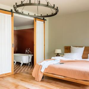 卡兹贝吉卡兹别吉客房酒店的一间卧室配有一张床、一个浴缸和一个吊灯。