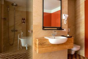 卡兹贝吉卡兹别吉客房酒店的一间带水槽、淋浴和卫生间的浴室