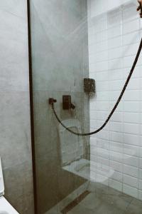 斯库台Sol Hotel的一个带软管玻璃门的淋浴