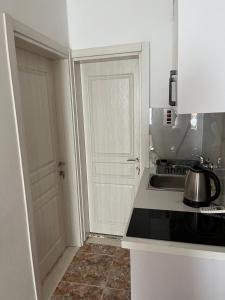 乌尔齐尼Imperator Apartments的白色的厨房设有水槽和门