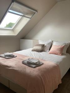佐内贝克Hill44的一间卧室配有两张带枕头的床和窗户。