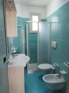 切萨雷奥港Bilo Olivieri Porto Cesareo的一间带水槽、淋浴和卫生间的浴室