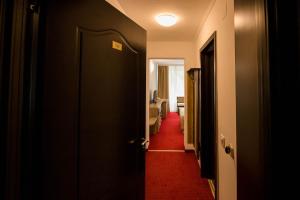 克利默内什蒂Complex Balnear Cozia的走廊上设有门,铺有红地毯