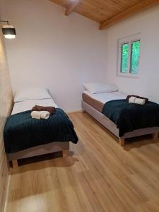 Domki Na Winnicy的白色客房的两张床,铺有木地板