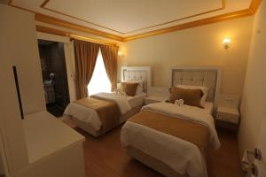 阿马西亚GARDEN OTEL AMASYA的酒店客房设有两张床和窗户。