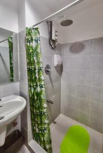马尼拉马尼拉里斯@大海公寓的一间带绿色淋浴帘的淋浴的浴室