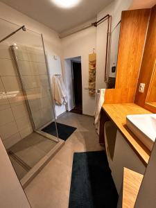 根尼斯迪亚斯Puzzle Haus的带淋浴和盥洗盆的浴室