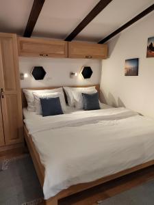 罗维尼Relax green house的一张配有白色床单和蓝色枕头的大床